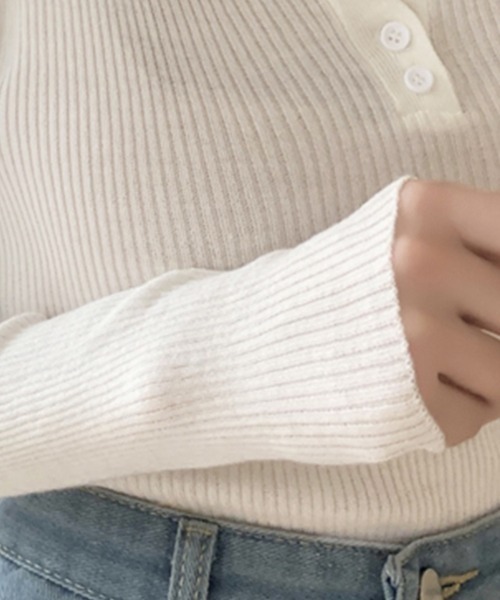 セール】スクエアネック×ボタンデザインリブニットトップス（ニット