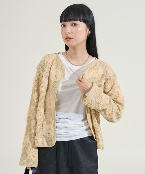 FREAK'S STORE(フリークスストア)の「メッシュ花柄 レースカーディガン/シアーカーディガン(カーディガン/ボレロ・レディース・ブラック/ベージュ・フリ-)」の7枚目の写真