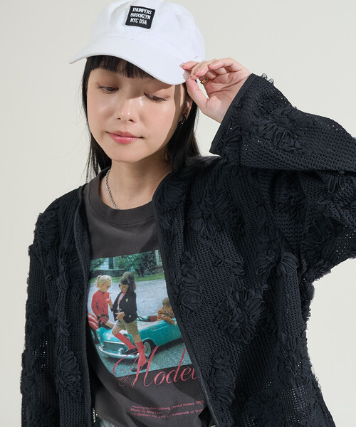 トワレ✨セール✨人気カーディガン✨フリル♡メッシュレース♡脚長効果♡ セール】フラワーストライプストレッチレースショート丈フリル