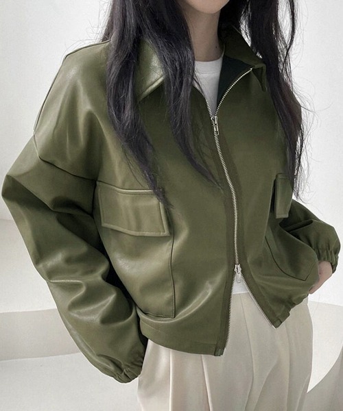 Miniministore(ミニミニストア)の「ダブルジップ ライダースジャケット韓国風(ブルゾン・レディース・カーキ/ブラック/アイボリー・FREE)」の1枚目の写真