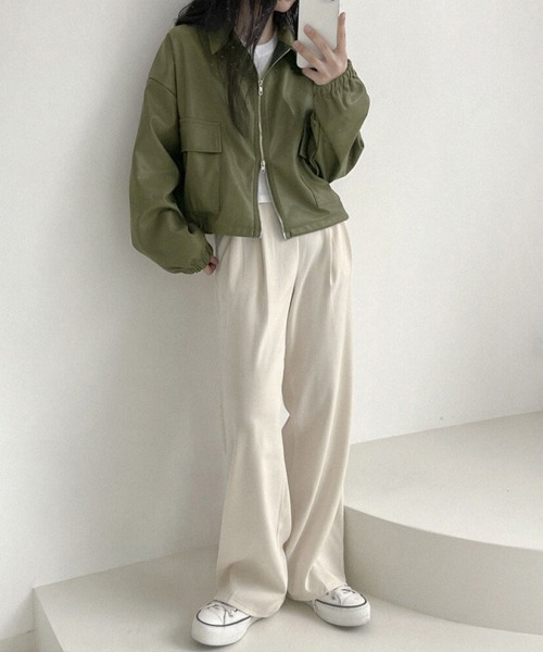 Miniministore(ミニミニストア)の「ダブルジップ ライダースジャケット韓国風(ブルゾン・レディース・カーキ/ブラック/アイボリー・FREE)」の15枚目の写真