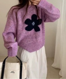 ニット/セーター（パープル/紫色系・花柄・ボタニカル柄）ファッション