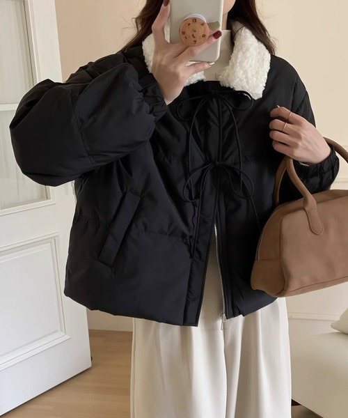 セール】中綿ブルゾン リボンデザイン ボアカラー ボリューム 中綿