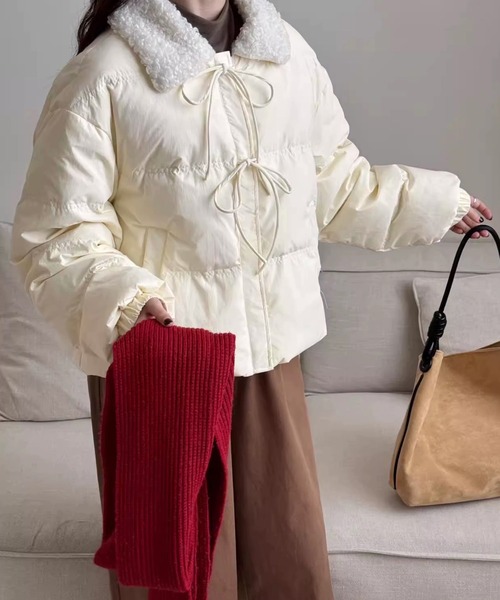 セール】中綿ブルゾン リボンデザイン ボアカラー ボリューム 中綿