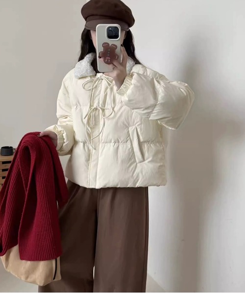 セール】中綿ブルゾン リボンデザイン ボアカラー ボリューム 中綿