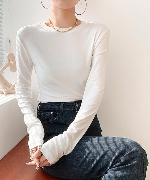 by LEGNA(バイレグナ)の「ふわもちもち両面起毛蓄熱ラウンドネックトップス(Tシャツ/カットソー・レディース・ブラック/杢グレー/ホワイト/チャコール/モカ・LARGE/MEDIUM)」の1枚目の写真