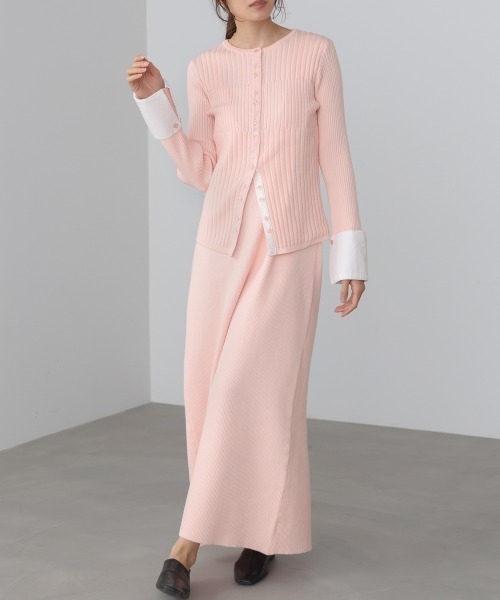 Bab(バブ)の「【S・Mサイズ展開】リブシャツ袖ニットカーディガン+リブニットワンピース(ワンピース・レディース・ピンク/アイボリー/チャコールグレー・S/M)」の1枚目の写真