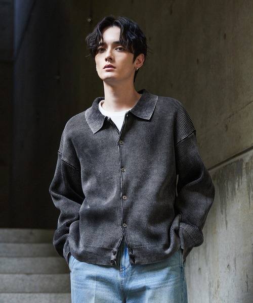 CLEL ベーシック/スプレー畦編みニットシャツカーディガン Gray S CLEL】Basic/Spray Rib Knit Shirt Cardigan / ベーシック/スプレー畦