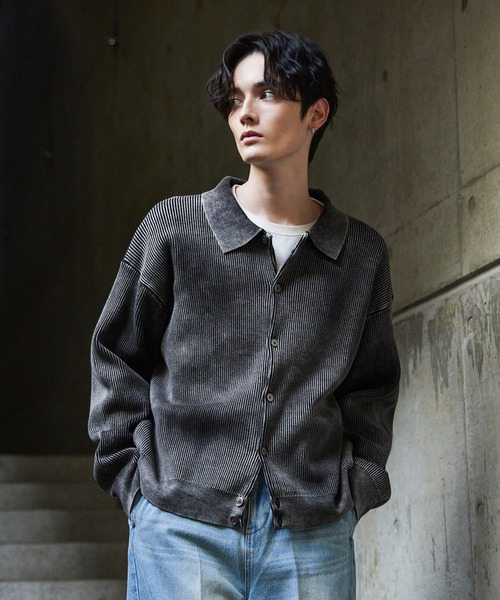 CLEL ベーシック/スプレー畦編みニットシャツカーディガン CLEL】Basic/Spray Rib Knit Shirt Cardigan / ベーシック/スプレー畦