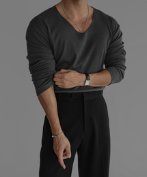 BOWLOW PRODUCT（バウロープロダクト）の「Fine Ribbed V Neck Long Sleeve Knit Tee [Charcoal]（Tシャツ/カットソー）」