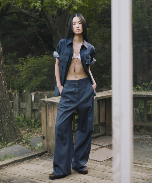 POINT LINE COTTON DENIM PANTS D/BLUE