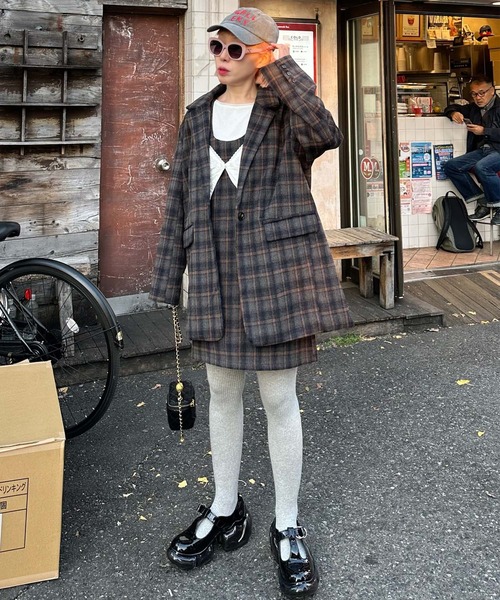 Alley Tokyo(アリートーキョー)の「【セットアップで着られる!】シャギーチェックジャンスカ(ジャンパースカート・レディース・ブルー/レッド・FREE)」の3枚目の写真