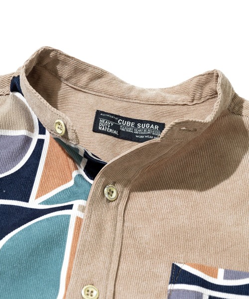 CUBE SUGAR（キューブシュガー）の「CUBE SUGAR/キューブシュガー　シャツコール 総柄プリント 切替 バンドカラーシャツ（シャツ/ブラウス・レディース・ベージュ/カーキ・FREE）」の3枚目の写真