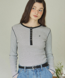 ロゴヘンリーネックスリムストライプスリーブTシャツ - アイボリー