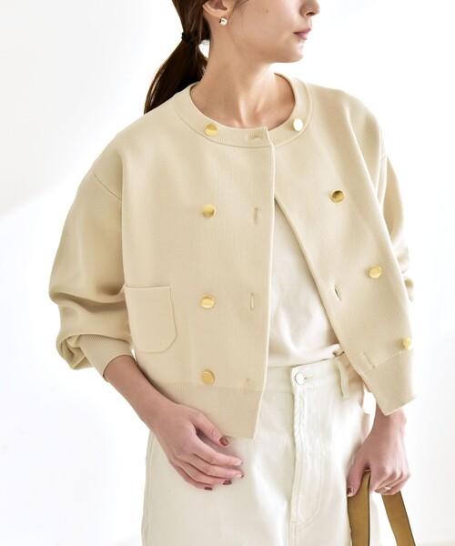 quaranciel:〈手洗い可能〉ノーカラー ダブル ボタン ジャケット