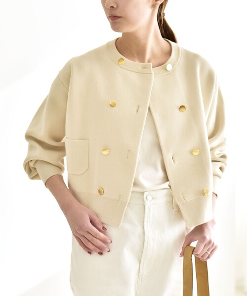 quaranciel:〈手洗い可能〉ノーカラー ダブル ボタン ジャケット