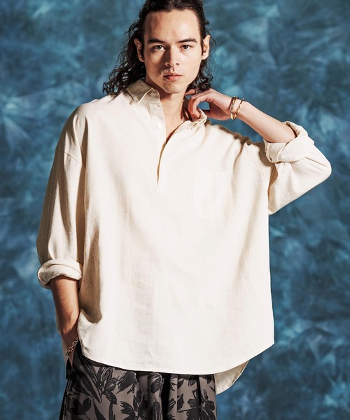 Jih Nunc（ジーヌンク）の「ms6375-レーヨンリネンプルオーバーシャツ(JIH-R1157)（シャツ/ブラウス・メンズ・キナリ/カーキ/ブラック・L/M/S）」の2枚目の写真