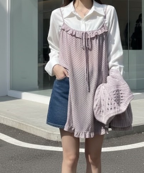 gossip!ロサンゼルス(ゴシップロサンゼルス)の「フリルデザイン ガーリードットキャミソール(ワンピース・レディース・グレー/ブラウン/ピンク・FREE)」の3枚目の写真