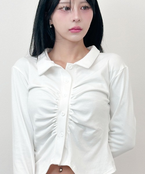 FOLLOWIN(フォロウィン)の「Y2Kチェックネクタイ付き シャーリングトップス(Tシャツ/カットソー・レディース・ブラック/ホワイト/グレー・FREE)」の11枚目の写真