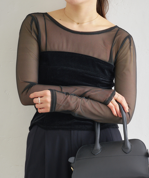 U by SPICK&SPAN(ユーバイスピックアンドスパン)の「シアーベロア コルセットトップス(Tシャツ/カットソー・レディース・アイボリー/ブラック/ブラウン・FREE)」の6枚目の写真