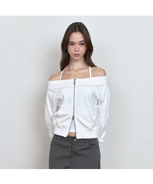 C STUDDED OFF-SHOULDER 2-WAY ZIP-UP_WHITE