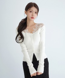 by muni:r（バイ ムニール）の「【着用動画あり・選べる5色】フローラルレース Vネックリブニット 2026 SS COLLECTION（Tシャツ/カットソー）」