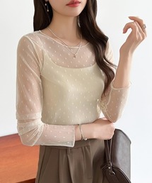 COCOMOMO（ココモモ）の「レイヤードで差がつく大人が着たいハート柄 ハート柄シアートップス クルーネック ハートドット シアー トップス 長袖 レイヤード シースルー インナー（Tシャツ/カットソー）」