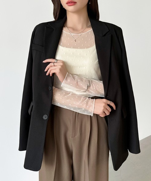 COCOMOMO（ココモモ）の「レイヤードで差がつく大人が着たいハート柄 ハート柄シアートップス クルーネック ハートドット シアー トップス 長袖 レイヤード シースルー インナー ハートシアートップス レイヤードトップス 冷房対策 UV対策 日焼け対策 春服 夏服 秋服（Tシャツ/カットソー・レディース・ブラック/アイボリー・FREE）」の7枚目の写真