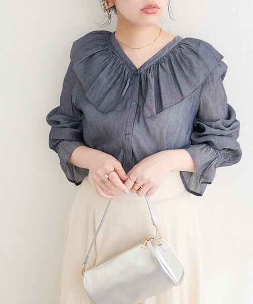 natural couture（ナチュラルクチュール）の「フリルカラーブラウス（シャツ/ブラウス・レディース・ブルー系その他/ブラック系その他/オフホワイト・FREE）」の6枚目の写真