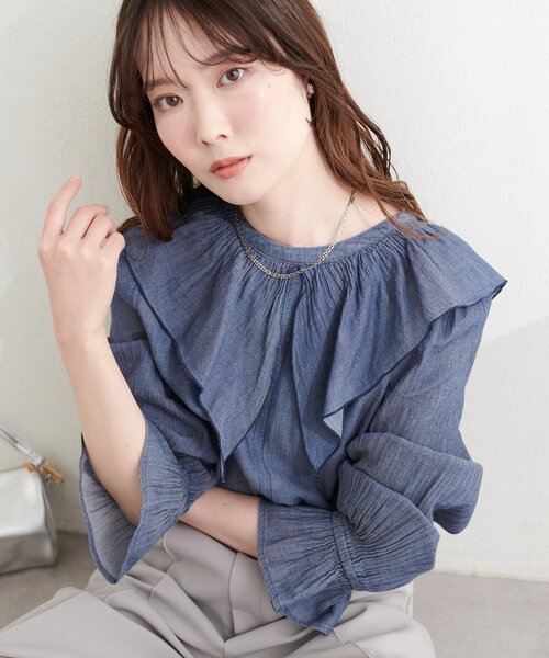 natural couture（ナチュラルクチュール）の「フリルカラーブラウス（シャツ/ブラウス・レディース・ブルー系その他/ブラック系その他/オフホワイト・FREE）」の9枚目の写真