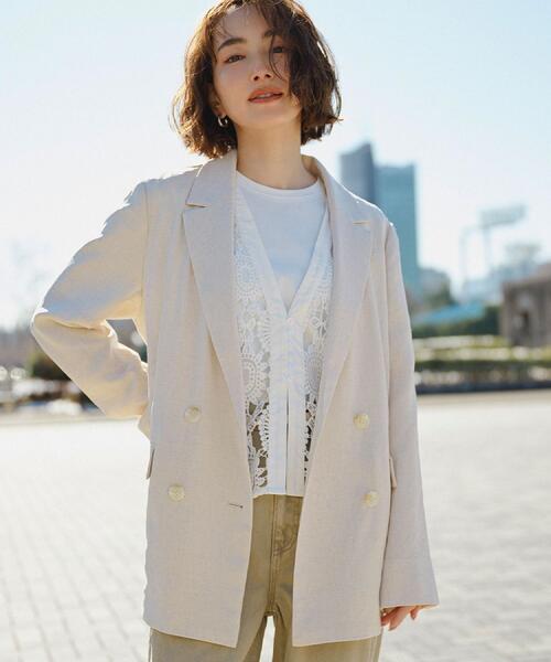 OPAQUE.CLIP(オペークドットクリップ)の「ダブルブレストジャケット【洗える/UVケア/防シワ加工/接触冷感】(テーラードジャケット・レディース・ライトベージュ/ネイビー/ベージュ・40/38/36)」の3枚目の写真