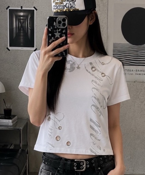 MAHAGRID(マハグリッド)の「『mahagrid/マハグリッド』TRUTH EYELET TEE/トゥルース アイレット Tシャツ(Tシャツ/カットソー・レディース・ホワイト/ブラック・XS)」の1枚目の写真