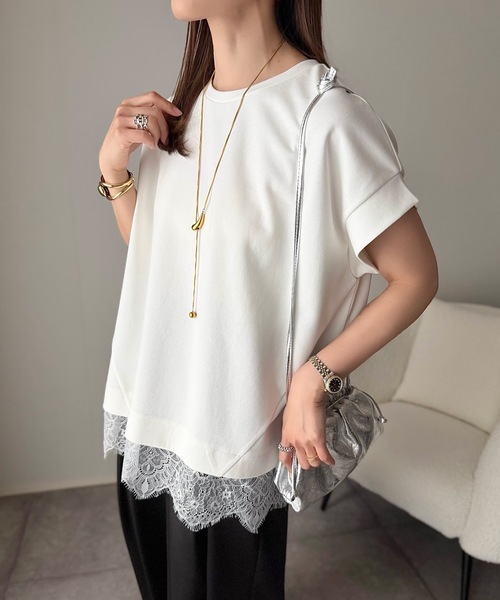 Emma Taylor(エマテイラー)の「ライトダンボールレースヘムプルオーバー(Tシャツ/カットソー・レディース・ホワイト/ブラック/チャコールグレー/ベージュ/トップグレー・FREE)」の8枚目の写真