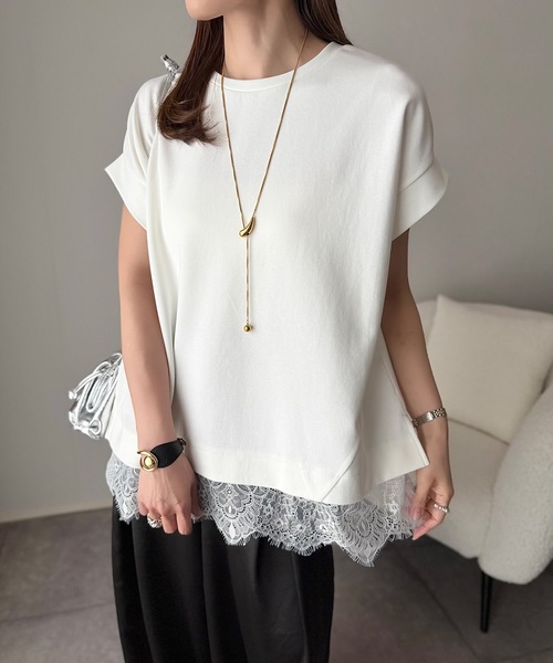 Emma Taylor(エマテイラー)の「ライトダンボールレースヘムプルオーバー(Tシャツ/カットソー・レディース・ホワイト/ブラック/チャコールグレー/ベージュ/トップグレー・FREE)」の9枚目の写真