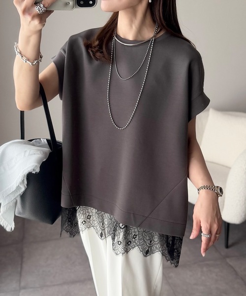 Emma Taylor(エマテイラー)の「ライトダンボールレースヘムプルオーバー(Tシャツ/カットソー・レディース・ホワイト/ブラック/チャコールグレー/ベージュ/トップグレー・FREE)」の14枚目の写真