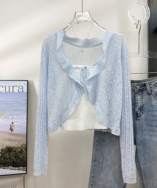 LUCPY(ラクピー)の「シアーフリルリブカーディガン(カーディガン/ボレロ・レディース・ピンク/ブルー/ブラック/グリーン/ホワイト/イエロー/パープル・FREE)」の4枚目の写真