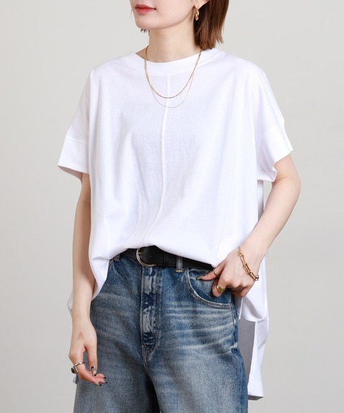 FUNALIVE(ファンアライブ)の「無地コットン天竺変形スリーププルオーバー 半袖(Tシャツ/カットソー・レディース・オフホワイト/ライトグリーン系/ブルーグレー/ロイヤルブルー/ブラック・M-L)」の1枚目の写真