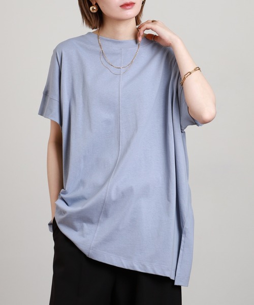 FUNALIVE(ファンアライブ)の「無地コットン天竺変形スリーププルオーバー 半袖(Tシャツ/カットソー・レディース・オフホワイト/ライトグリーン系/ブルーグレー/ロイヤルブルー/ブラック・M-L)」の3枚目の写真