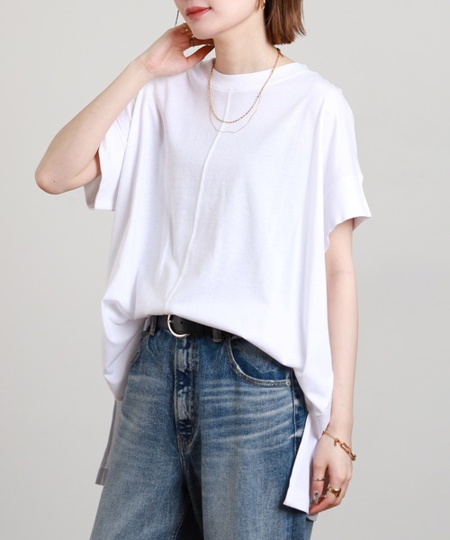 FUNALIVE(ファンアライブ)の「無地コットン天竺変形スリーププルオーバー 半袖(Tシャツ/カットソー・レディース・オフホワイト/ライトグリーン系/ブルーグレー/ロイヤルブルー/ブラック・M-L)」の13枚目の写真