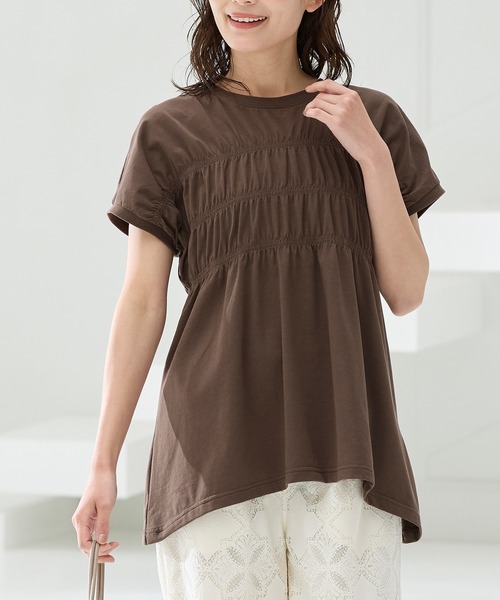 Honeys（ハニーズ）の「【ハニさら・接触冷感・ＵＶカット】シャーリングトップス（Tシャツ/カットソー・レディース・ブラウン/スミクロ/ブルーグリーン/オレンジ・L/LL/M/S）」の3枚目の写真