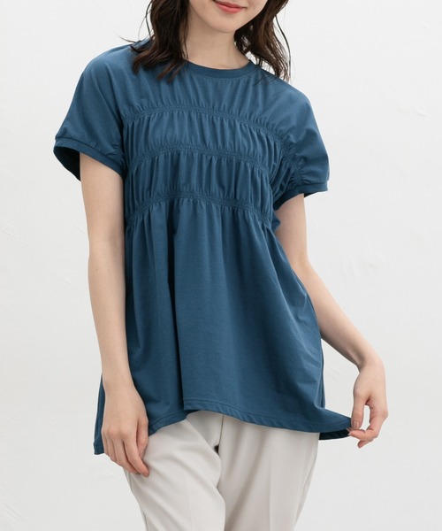 Honeys（ハニーズ）の「【ハニさら・接触冷感・ＵＶカット】シャーリングトップス（Tシャツ/カットソー・レディース・ブラウン/スミクロ/ブルーグリーン/オレンジ・L/LL/M/S）」の4枚目の写真