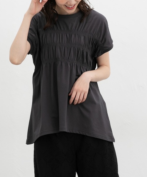 Honeys（ハニーズ）の「【ハニさら・接触冷感・ＵＶカット】シャーリングトップス（Tシャツ/カットソー・レディース・ブラウン/スミクロ/ブルーグリーン/オレンジ・L/LL/M/S）」の2枚目の写真