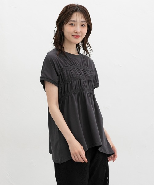 Honeys（ハニーズ）の「【ハニさら・接触冷感・ＵＶカット】シャーリングトップス（Tシャツ/カットソー・レディース・ブラウン/スミクロ/ブルーグリーン/オレンジ・L/LL/M/S）」の22枚目の写真