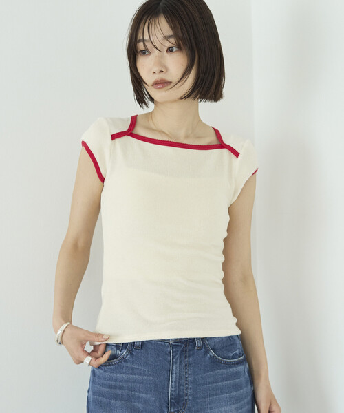 Firsthand(ファーストハンド)の「CHANTECLAIR × Firsthand/シャンテクレール 別注 Pile Compact Tee / パイル コンパクト Tシャツ(Tシャツ/カットソー・レディース・ネイビー/オフホワイト・SMALL/MEDIUM)」の2枚目の写真