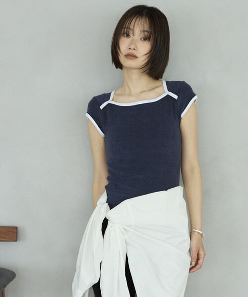 Firsthand(ファーストハンド)の「CHANTECLAIR × Firsthand/シャンテクレール 別注 Pile Compact Tee / パイル コンパクト Tシャツ(Tシャツ/カットソー・レディース・ネイビー/オフホワイト・SMALL/MEDIUM)」の4枚目の写真