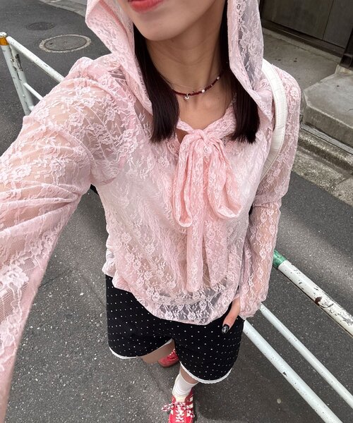 CIAOPANIC(チャオパニック)の「BIGリボンレースフードトップス(シャツ/ブラウス・レディース・アイボリー/オフホワイト/ピンク・ONE SIZE)」の19枚目の写真