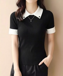配色ポロカラー半袖リブニット