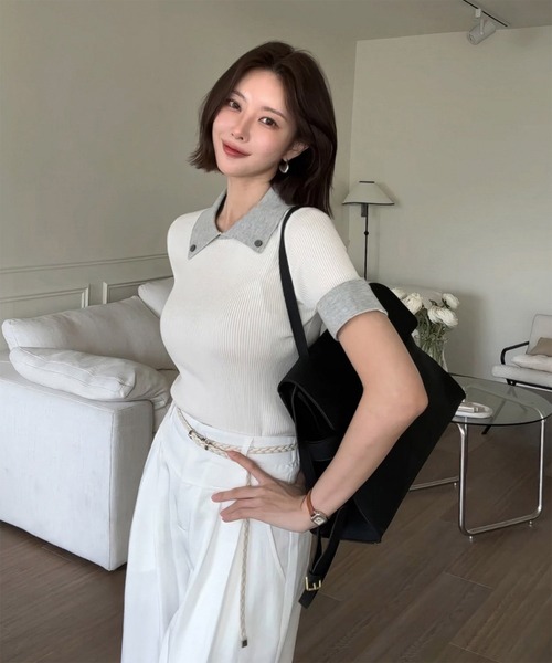Doula Doula（ドゥーラドゥーラ）の「配色ポロカラー半袖リブニット（ニット/セーター・レディース・オフホワイト/ブラック/グレー・FREE）」の6枚目の写真
