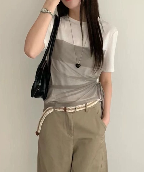 CHUN CHUN NOTES(チュンチュンノーツ)の「26SS/シアービスチェレイヤード風半袖トップス(Tシャツ/カットソー・レディース・ブラウン/ホワイト/グレー・F)」の2枚目の写真