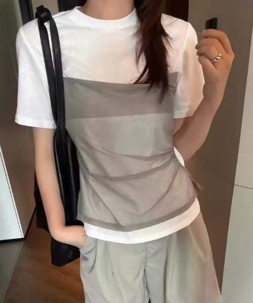 CHUN CHUN NOTES(チュンチュンノーツ)の「26SS/シアービスチェレイヤード風半袖トップス(Tシャツ/カットソー・レディース・ブラウン/ホワイト/グレー・F)」の5枚目の写真